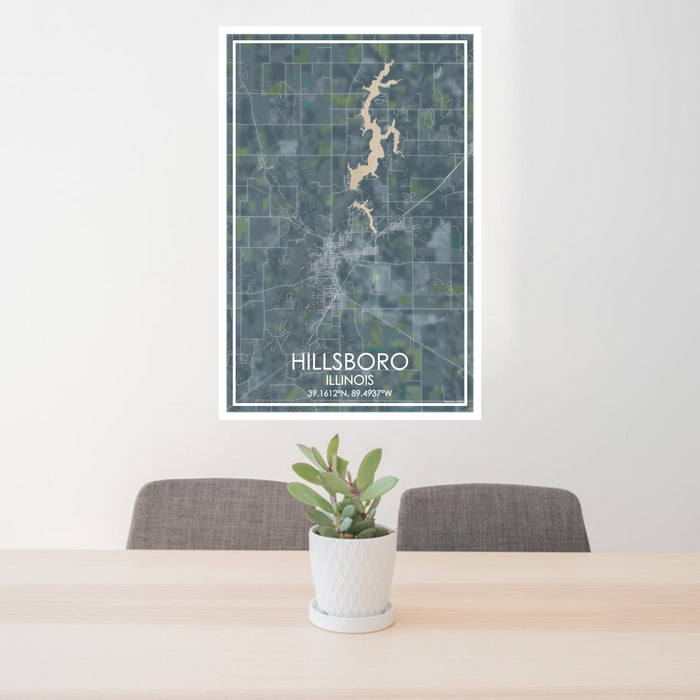 24x36 Hillsboro Illinois Map Print Portrait Orientation in Afternoon Style Behind 2 Chairs Table and Potted Plant