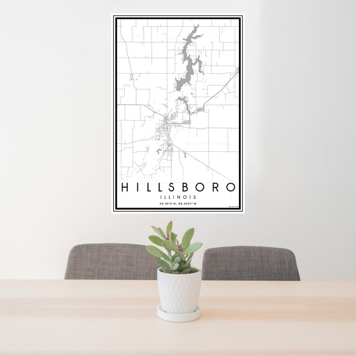 24x36 Hillsboro Illinois Map Print Portrait Orientation in Classic Style Behind 2 Chairs Table and Potted Plant