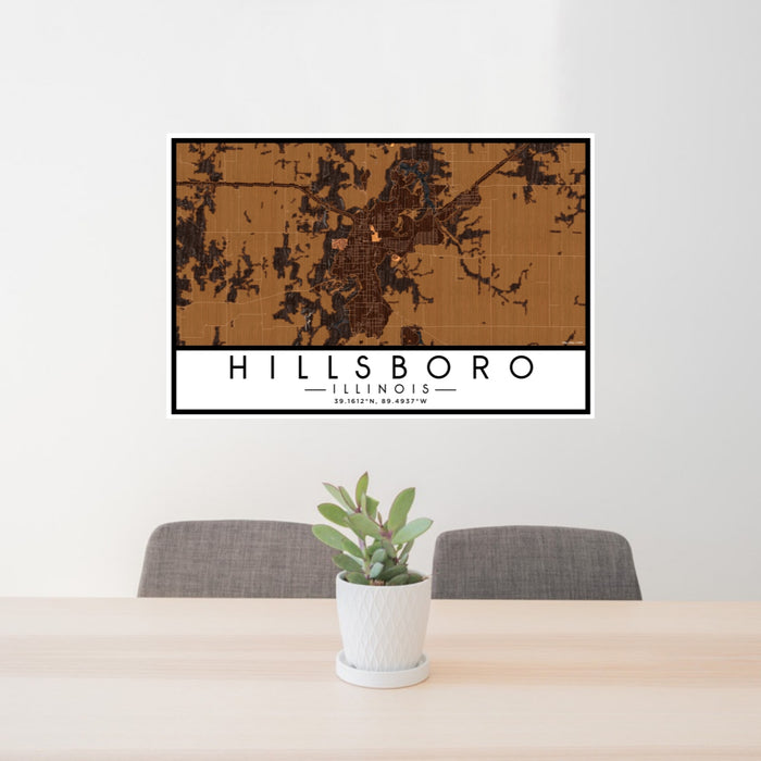 24x36 Hillsboro Illinois Map Print Lanscape Orientation in Ember Style Behind 2 Chairs Table and Potted Plant