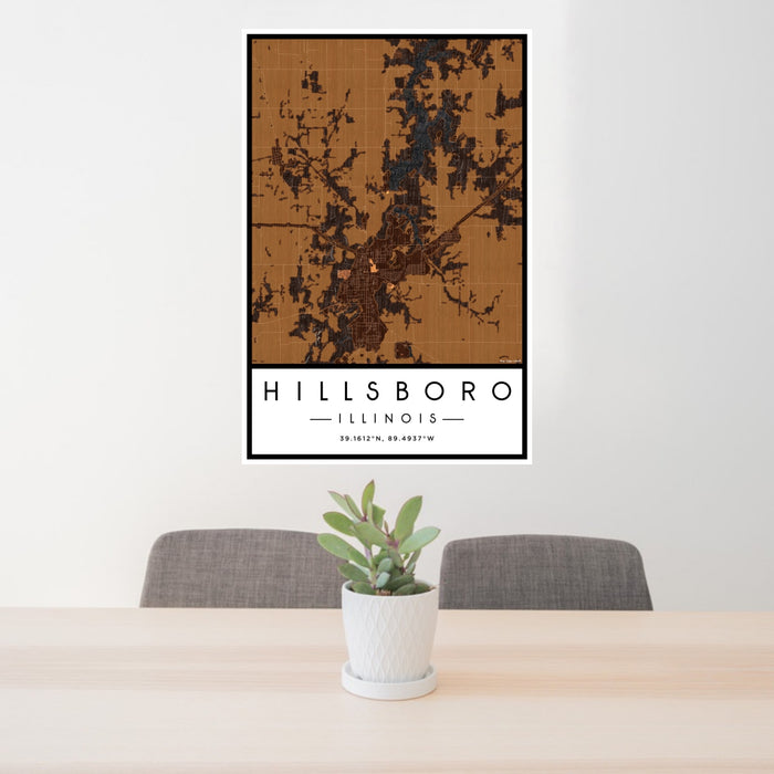 24x36 Hillsboro Illinois Map Print Portrait Orientation in Ember Style Behind 2 Chairs Table and Potted Plant