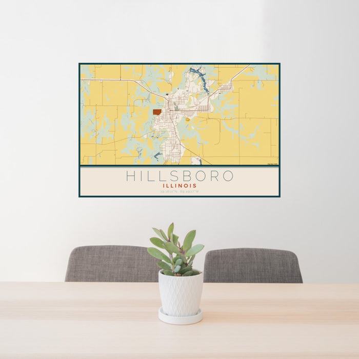 24x36 Hillsboro Illinois Map Print Lanscape Orientation in Woodblock Style Behind 2 Chairs Table and Potted Plant