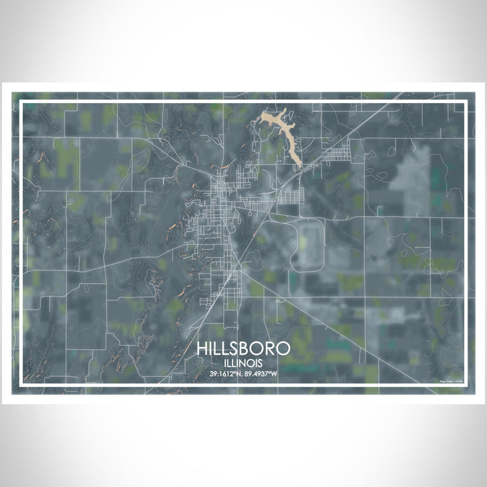 Hillsboro Illinois Map Print Landscape Orientation in Afternoon Style With Shaded Background
