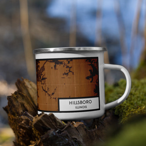 Right View Custom Hillsboro Illinois Map Enamel Mug in Ember on Grass With Trees in Background