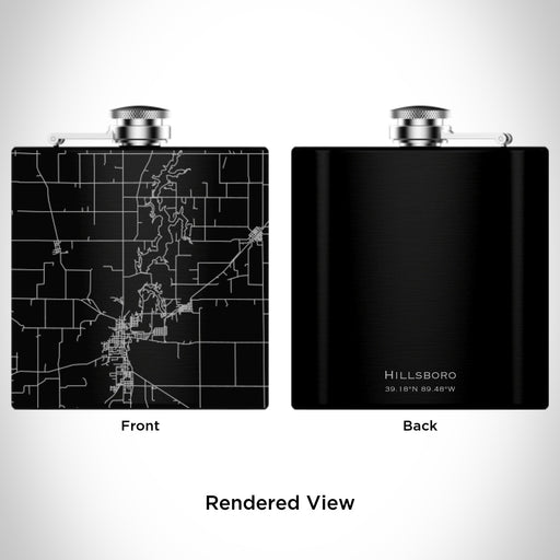 Rendered View of Hillsboro Illinois Map Engraving on 6oz Stainless Steel Flask in Black