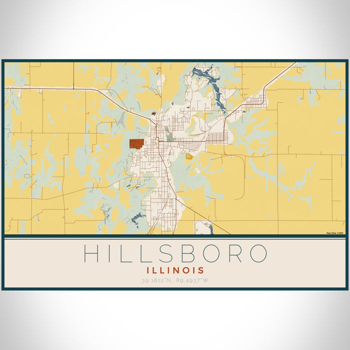 Hillsboro Illinois Map Print Landscape Orientation in Woodblock Style With Shaded Background