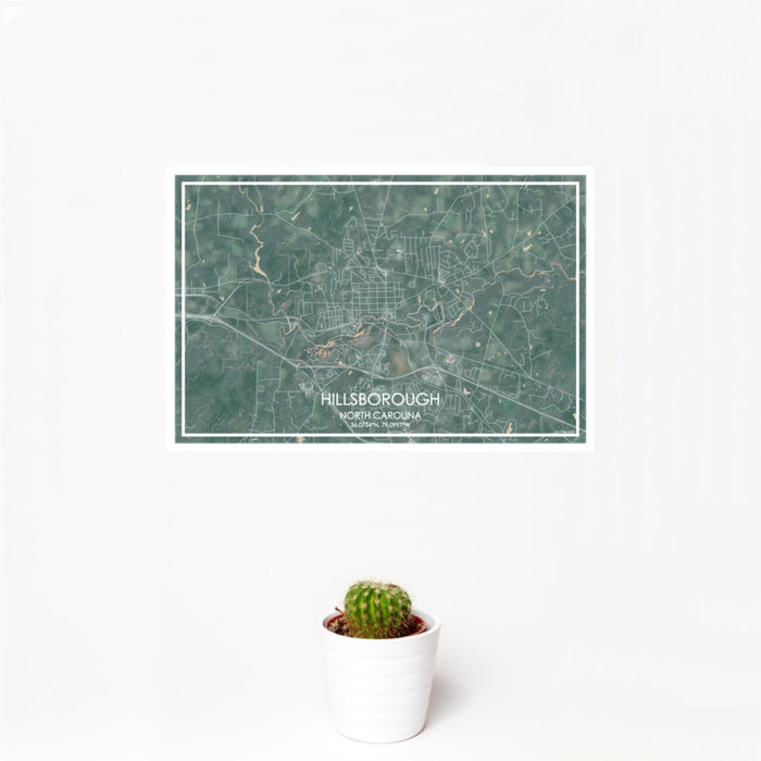 12x18 Hillsborough North Carolina Map Print Landscape Orientation in Afternoon Style With Small Cactus Plant in White Planter