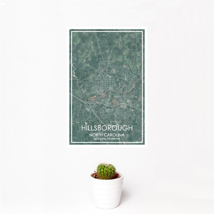 12x18 Hillsborough North Carolina Map Print Portrait Orientation in Afternoon Style With Small Cactus Plant in White Planter