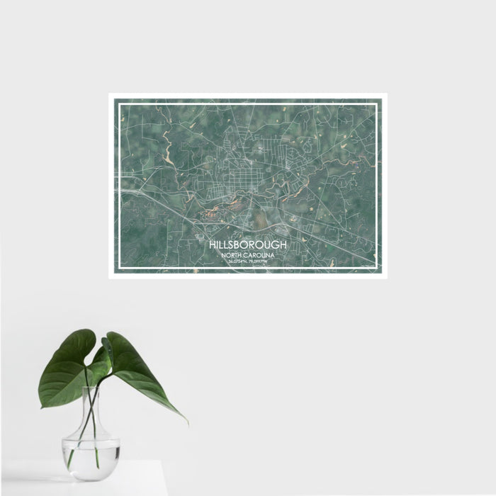 16x24 Hillsborough North Carolina Map Print Landscape Orientation in Afternoon Style With Tropical Plant Leaves in Water