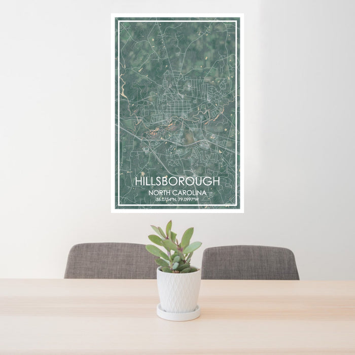 24x36 Hillsborough North Carolina Map Print Portrait Orientation in Afternoon Style Behind 2 Chairs Table and Potted Plant