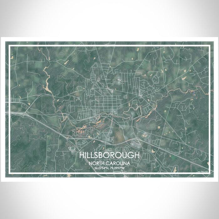 Hillsborough North Carolina Map Print Landscape Orientation in Afternoon Style With Shaded Background