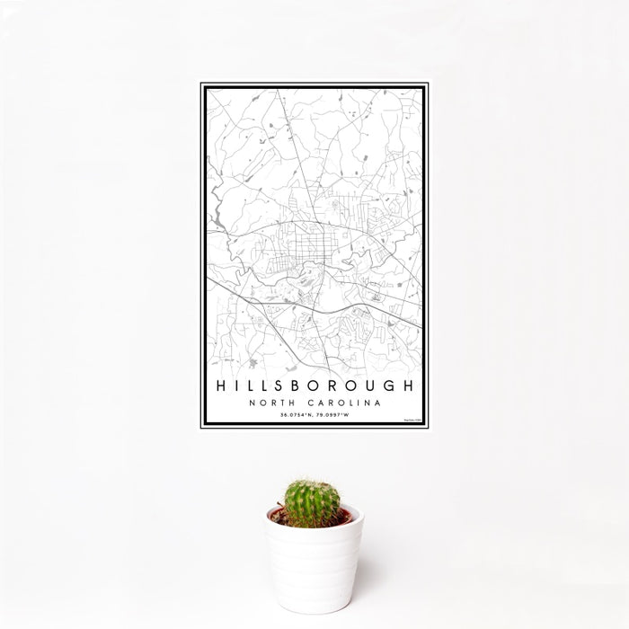 12x18 Hillsborough North Carolina Map Print Portrait Orientation in Classic Style With Small Cactus Plant in White Planter