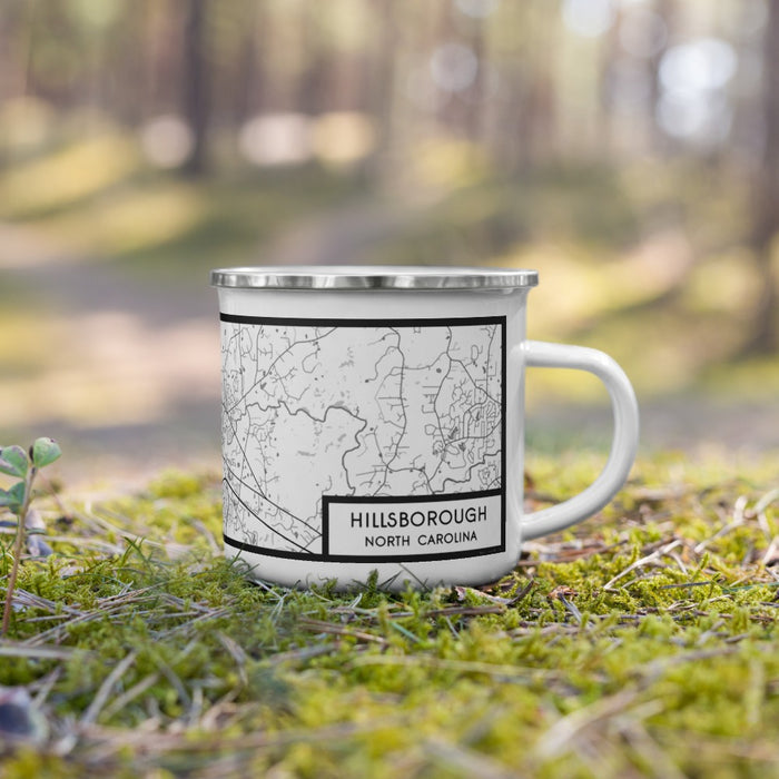 Right View Custom Hillsborough North Carolina Map Enamel Mug in Classic on Grass With Trees in Background