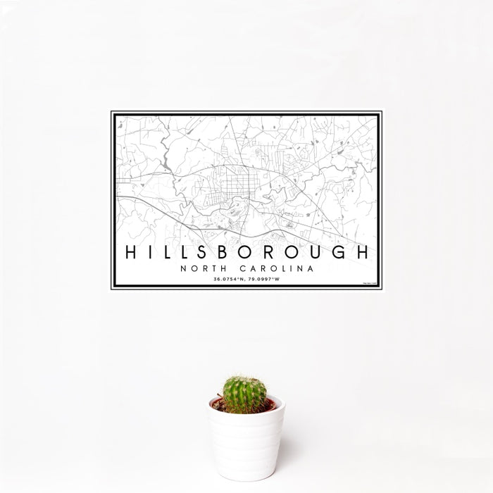 12x18 Hillsborough North Carolina Map Print Landscape Orientation in Classic Style With Small Cactus Plant in White Planter