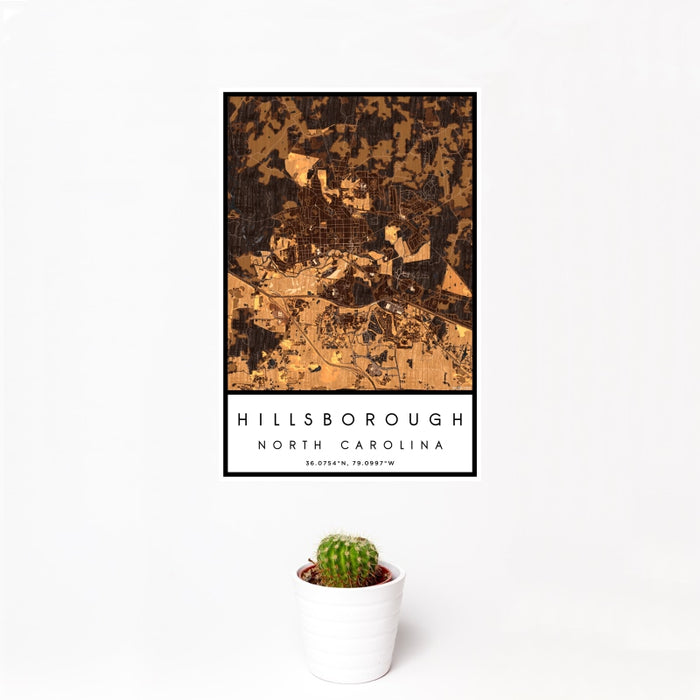 12x18 Hillsborough North Carolina Map Print Portrait Orientation in Ember Style With Small Cactus Plant in White Planter