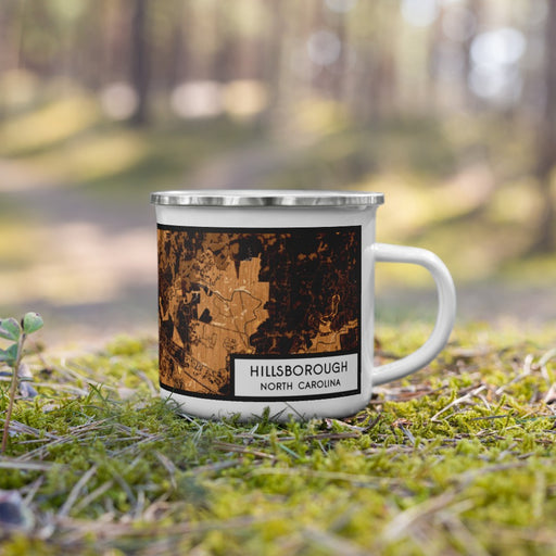 Right View Custom Hillsborough North Carolina Map Enamel Mug in Ember on Grass With Trees in Background