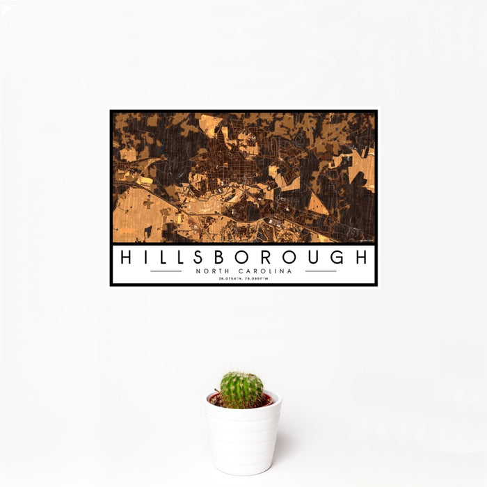 12x18 Hillsborough North Carolina Map Print Landscape Orientation in Ember Style With Small Cactus Plant in White Planter