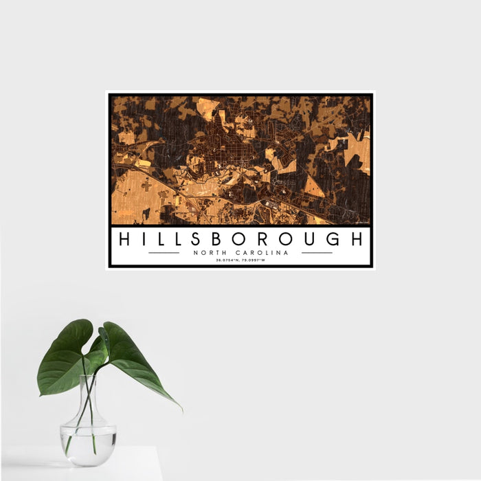 16x24 Hillsborough North Carolina Map Print Landscape Orientation in Ember Style With Tropical Plant Leaves in Water