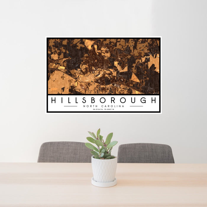 24x36 Hillsborough North Carolina Map Print Landscape Orientation in Ember Style Behind 2 Chairs Table and Potted Plant