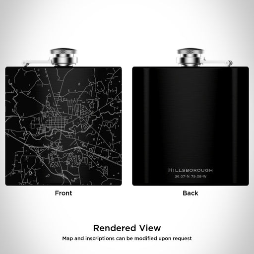 Rendered View of Hillsborough North Carolina Map Engraving on 6oz Stainless Steel Flask in Black