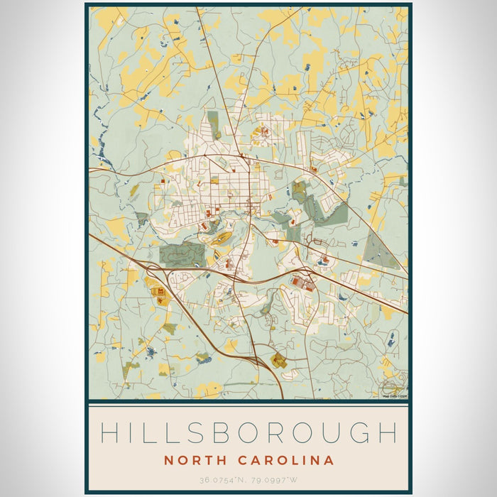 Hillsborough North Carolina Map Print Portrait Orientation in Woodblock Style With Shaded Background