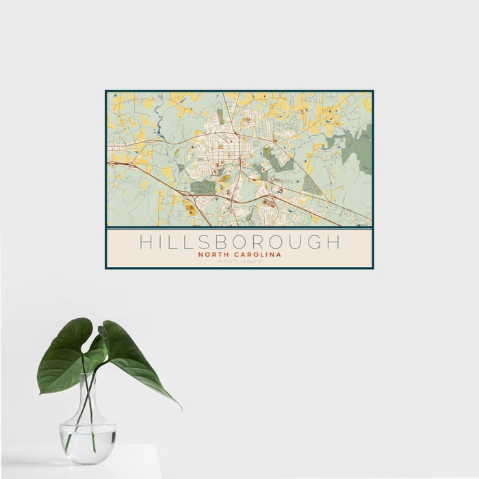 16x24 Hillsborough North Carolina Map Print Landscape Orientation in Woodblock Style With Tropical Plant Leaves in Water