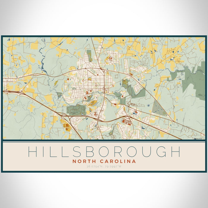 Hillsborough North Carolina Map Print Landscape Orientation in Woodblock Style With Shaded Background