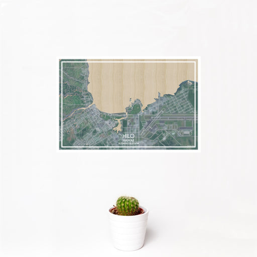 12x18 Hilo Hawaii Map Print Landscape Orientation in Afternoon Style With Small Cactus Plant in White Planter