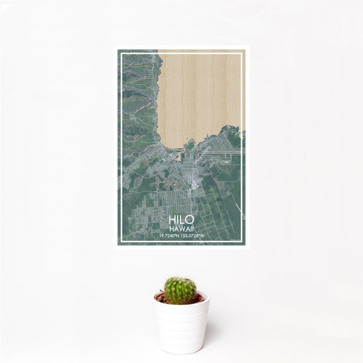 12x18 Hilo Hawaii Map Print Portrait Orientation in Afternoon Style With Small Cactus Plant in White Planter