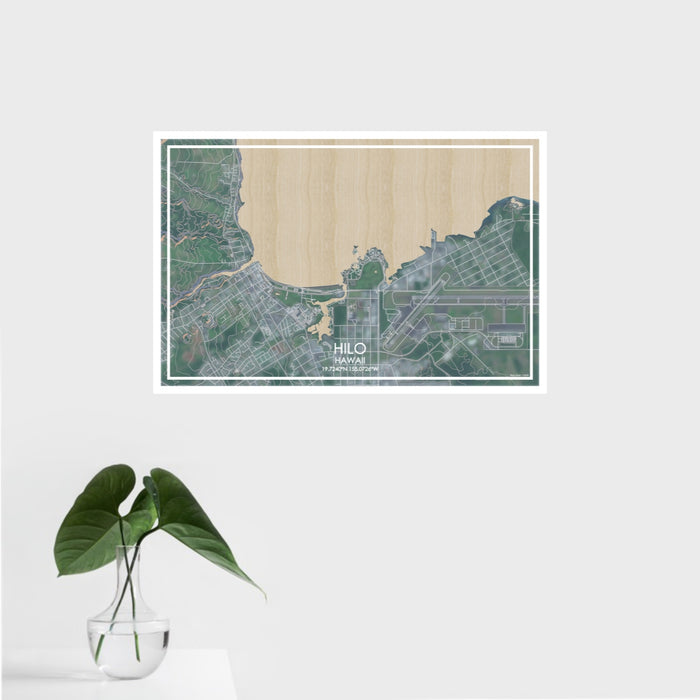 16x24 Hilo Hawaii Map Print Landscape Orientation in Afternoon Style With Tropical Plant Leaves in Water