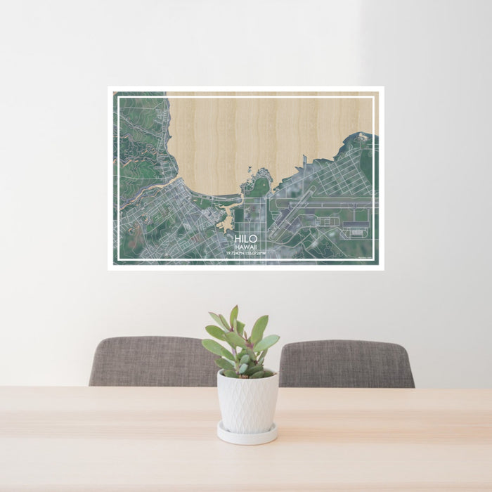 24x36 Hilo Hawaii Map Print Lanscape Orientation in Afternoon Style Behind 2 Chairs Table and Potted Plant