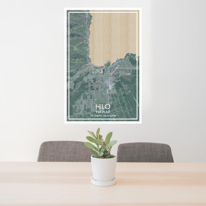24x36 Hilo Hawaii Map Print Portrait Orientation in Afternoon Style Behind 2 Chairs Table and Potted Plant