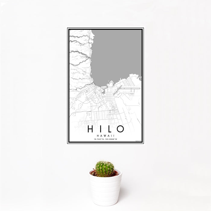 12x18 Hilo Hawaii Map Print Portrait Orientation in Classic Style With Small Cactus Plant in White Planter