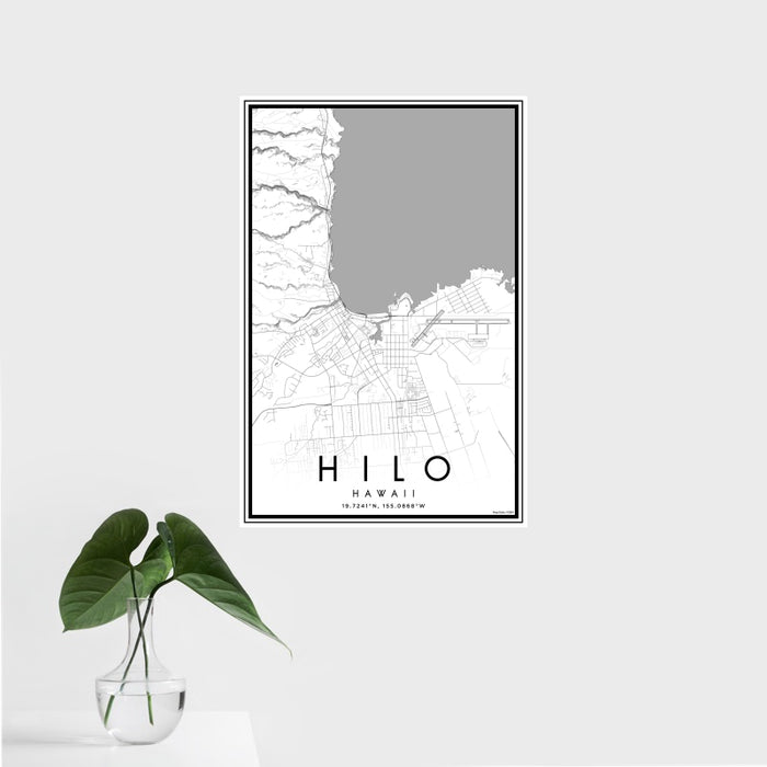 16x24 Hilo Hawaii Map Print Portrait Orientation in Classic Style With Tropical Plant Leaves in Water