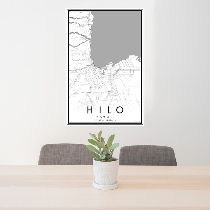24x36 Hilo Hawaii Map Print Portrait Orientation in Classic Style Behind 2 Chairs Table and Potted Plant