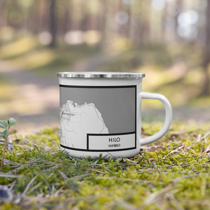 Right View Custom Hilo Hawaii Map Enamel Mug in Classic on Grass With Trees in Background