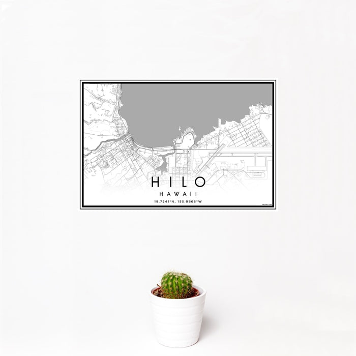 12x18 Hilo Hawaii Map Print Landscape Orientation in Classic Style With Small Cactus Plant in White Planter