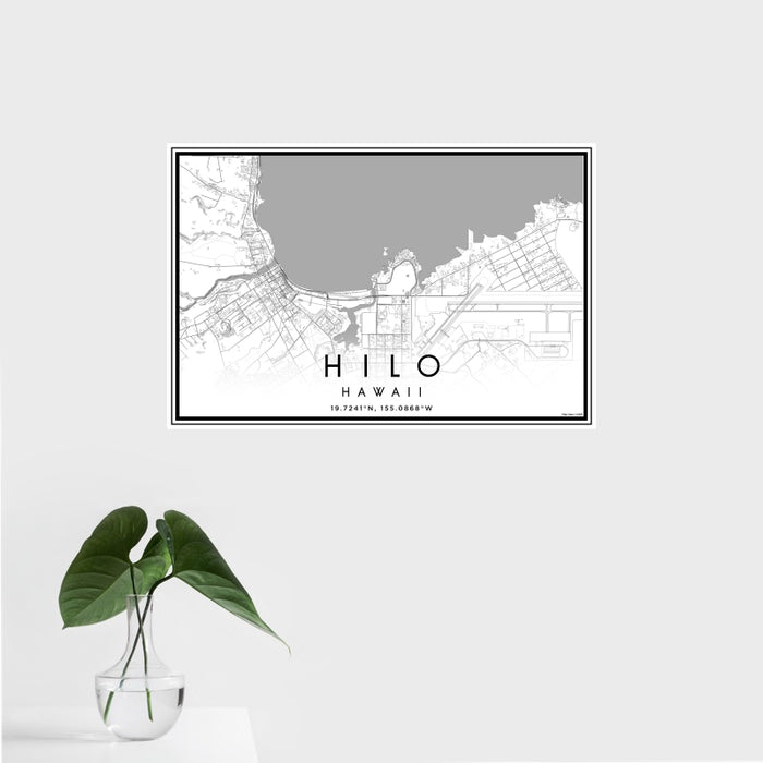 16x24 Hilo Hawaii Map Print Landscape Orientation in Classic Style With Tropical Plant Leaves in Water