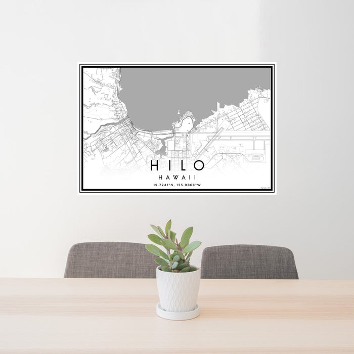 24x36 Hilo Hawaii Map Print Landscape Orientation in Classic Style Behind 2 Chairs Table and Potted Plant