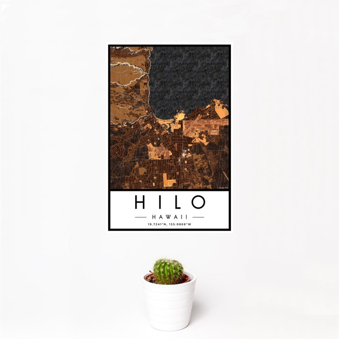 12x18 Hilo Hawaii Map Print Portrait Orientation in Ember Style With Small Cactus Plant in White Planter