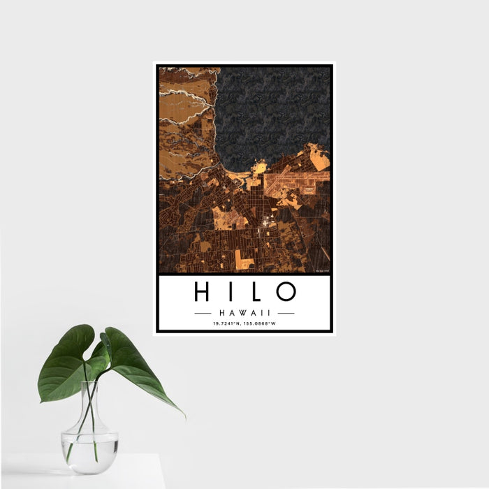 16x24 Hilo Hawaii Map Print Portrait Orientation in Ember Style With Tropical Plant Leaves in Water