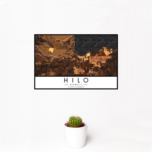 12x18 Hilo Hawaii Map Print Landscape Orientation in Ember Style With Small Cactus Plant in White Planter