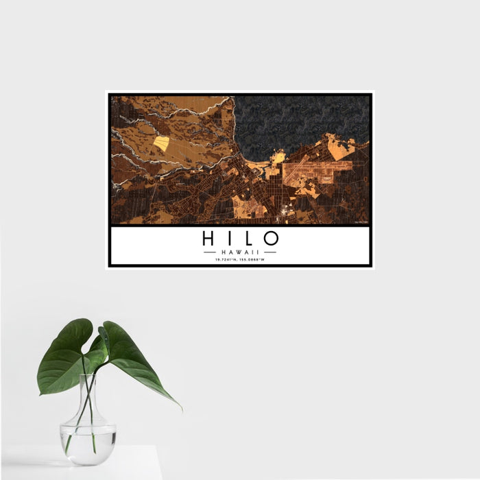 16x24 Hilo Hawaii Map Print Landscape Orientation in Ember Style With Tropical Plant Leaves in Water