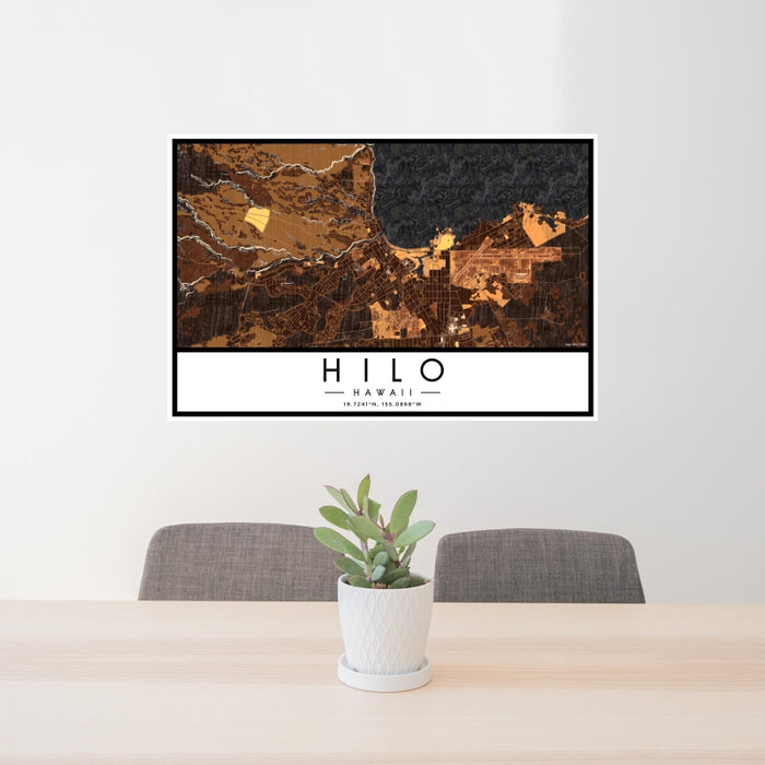 24x36 Hilo Hawaii Map Print Landscape Orientation in Ember Style Behind 2 Chairs Table and Potted Plant