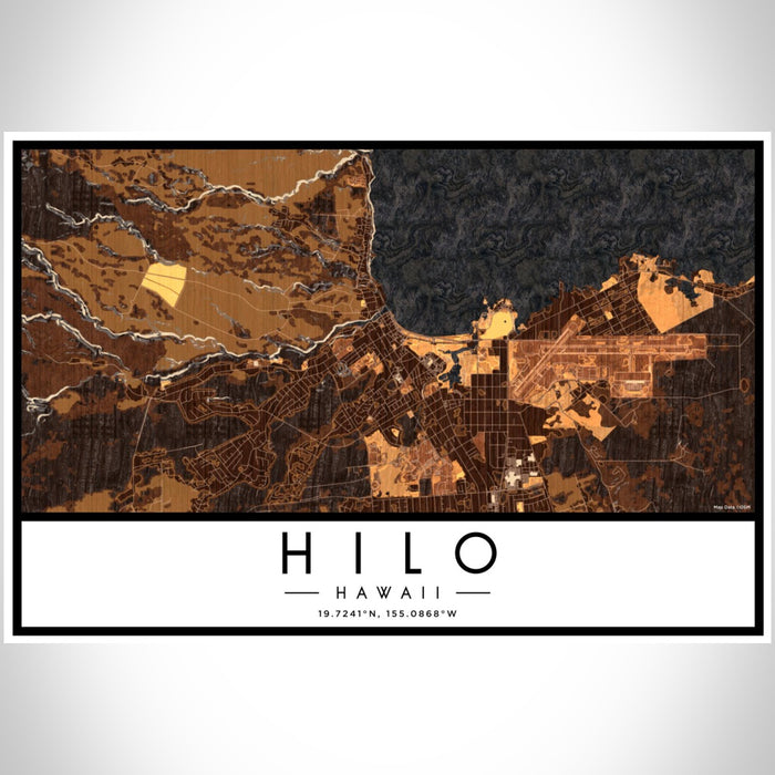 Hilo Hawaii Map Print Landscape Orientation in Ember Style With Shaded Background