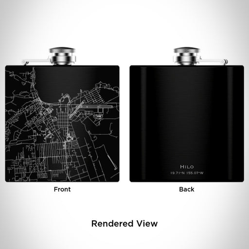 Rendered View of Hilo Hawaii Map Engraving on 6oz Stainless Steel Flask in Black