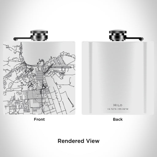 Rendered View of Hilo Hawaii Map Engraving on 6oz Stainless Steel Flask in White