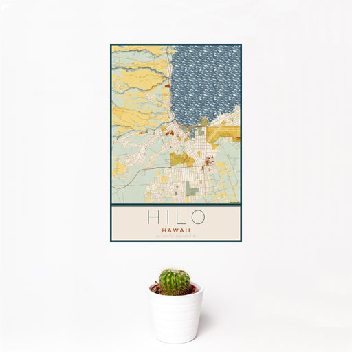 12x18 Hilo Hawaii Map Print Portrait Orientation in Woodblock Style With Small Cactus Plant in White Planter