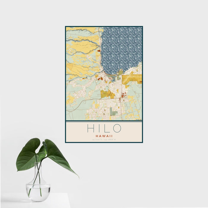 16x24 Hilo Hawaii Map Print Portrait Orientation in Woodblock Style With Tropical Plant Leaves in Water