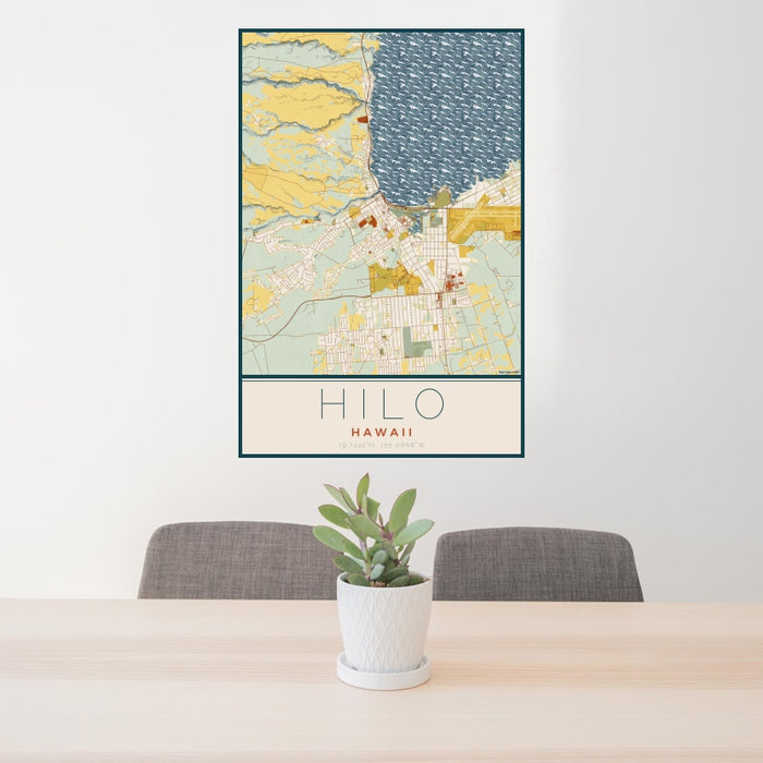 24x36 Hilo Hawaii Map Print Portrait Orientation in Woodblock Style Behind 2 Chairs Table and Potted Plant