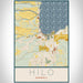 Hilo Hawaii Map Print Portrait Orientation in Woodblock Style With Shaded Background